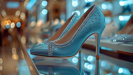 elegant blue high heels with rhinestones on display
