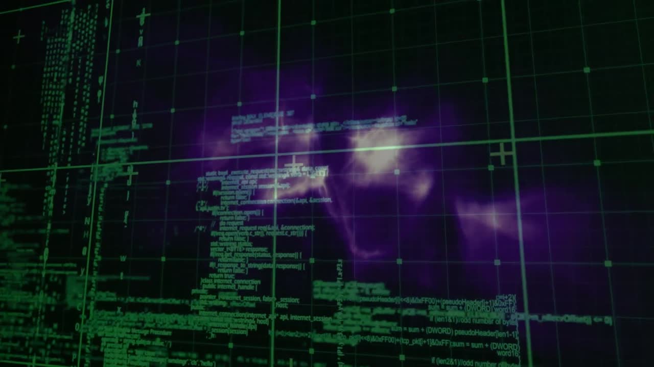 Animation of data processing over grid and purple squares