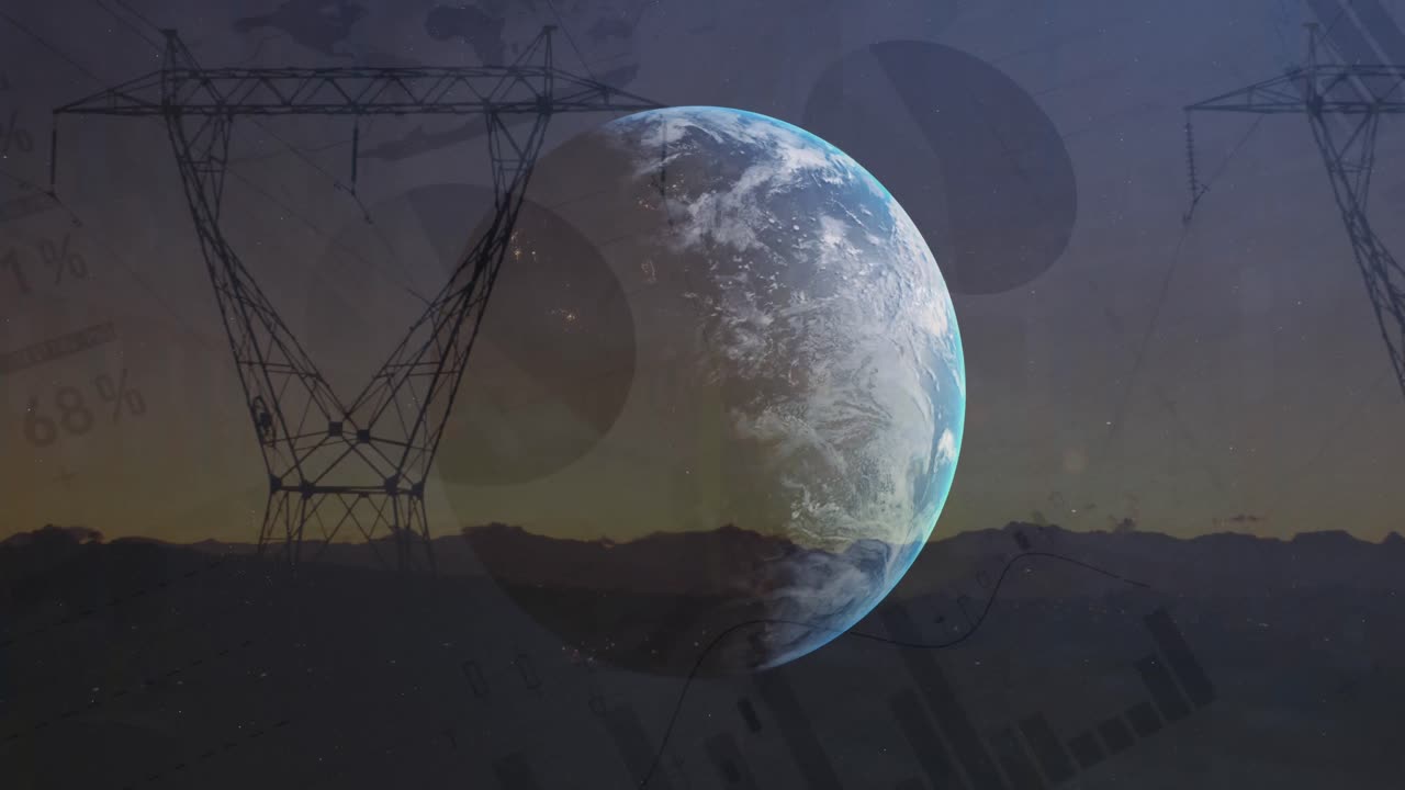 Animation of globe and financial data processing over electricity pylons
