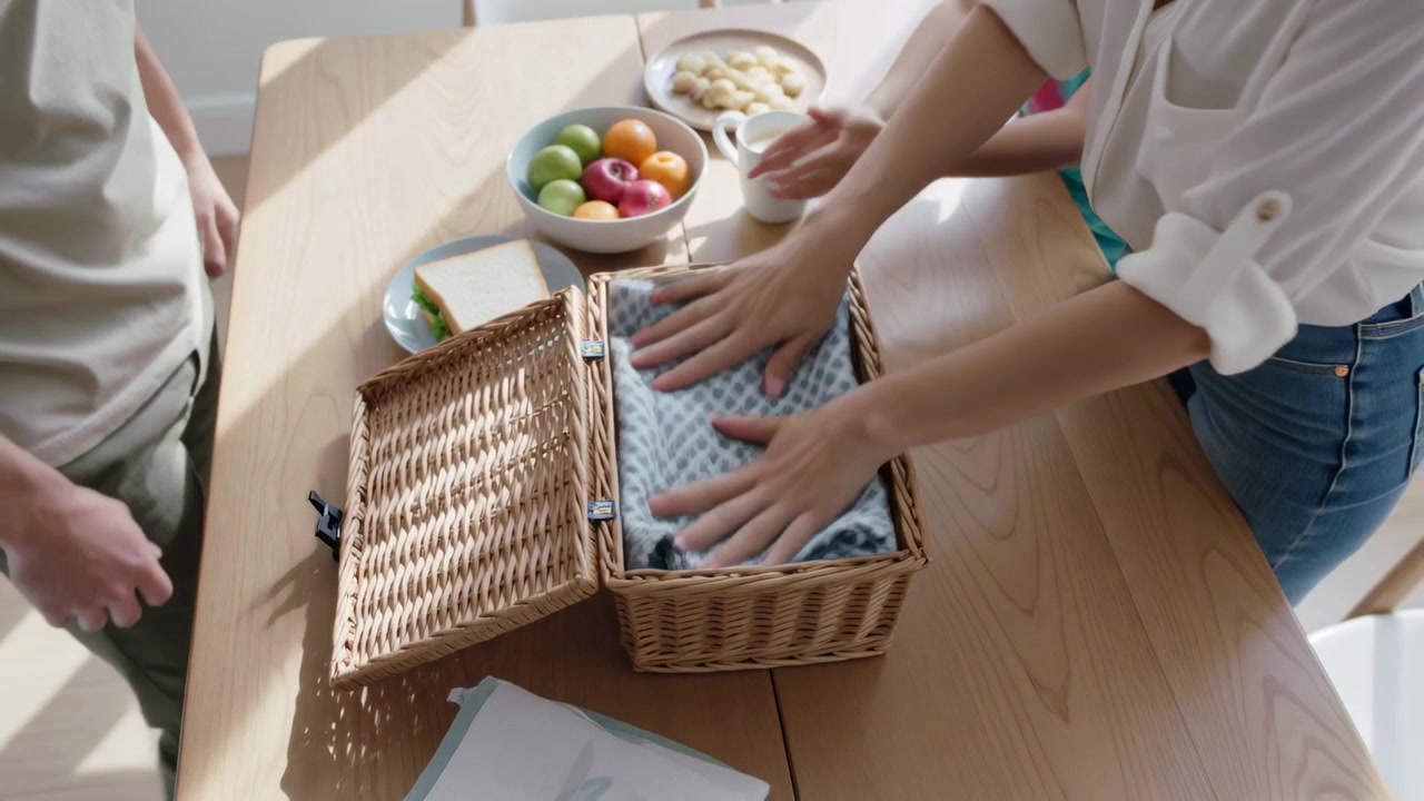 Famiglia che sistema coperta e involucri in un cesto di vimini al tavolo da pranzo, preparando un picnic.