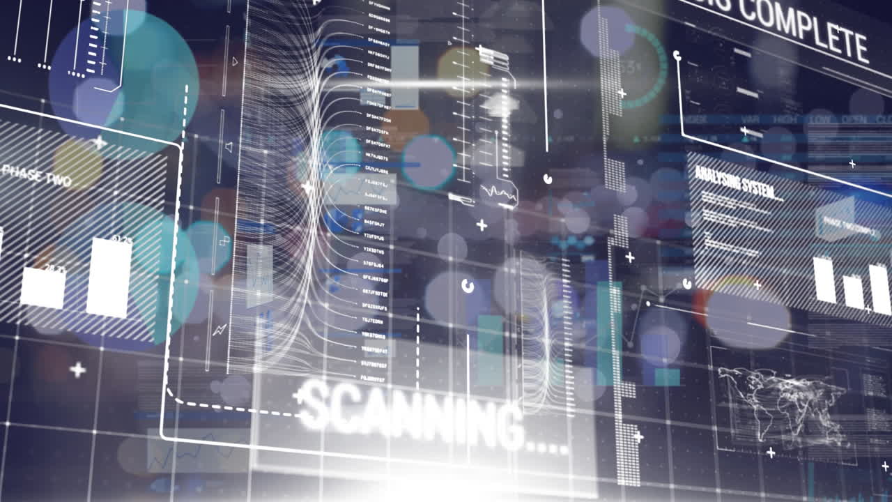 animación de estadísticas y procesamiento de datos en pantallas sobre luces desenfocadas