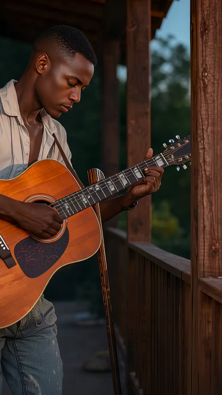 Vertical video: Playing man practicing guitar on porch as dusk falls, in light shirt, jeans