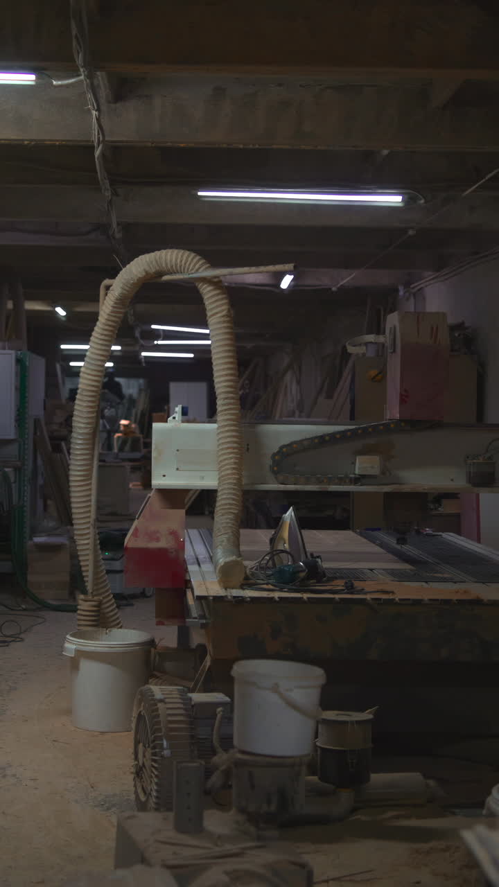 Interior de carpintería desordenado, lleno de máquinas, tablones apilados, bancos cubiertos de polvo y fluorescente tenue