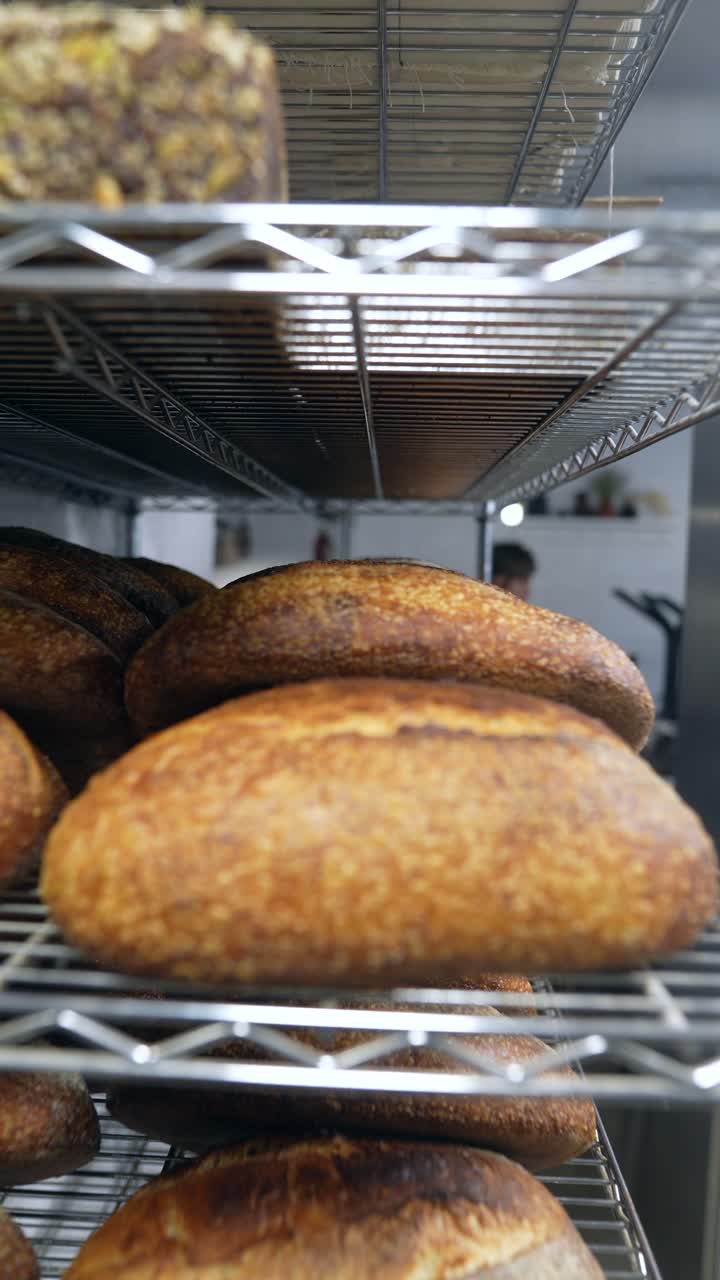 Freshly Baked Bread on Metal Shelves