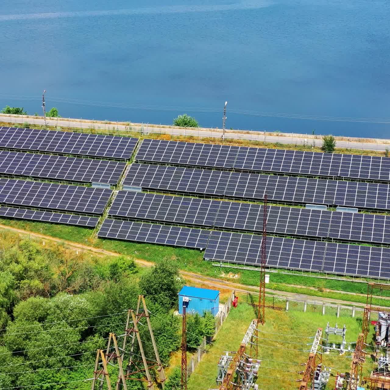 Solar panels in aerial view. Top view of solar panels in solar farm, view from the drone. New ecological kind of energy concept