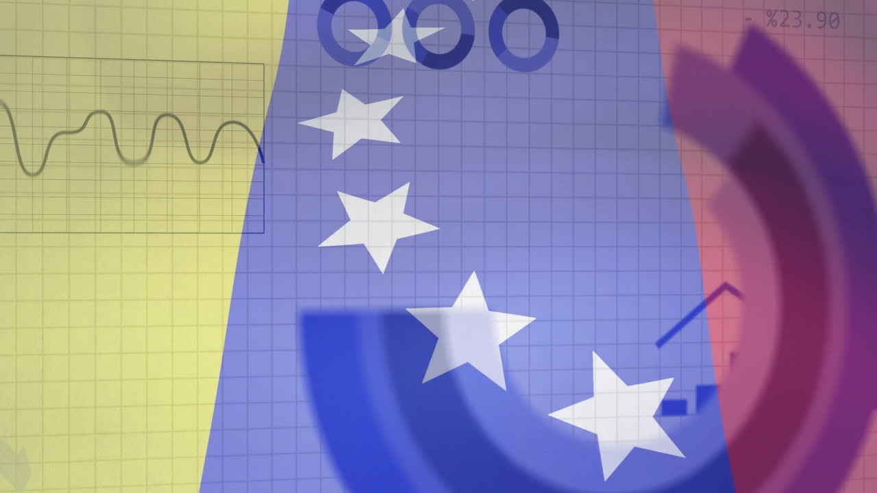 animación de la bandera de venezuela sobre gráficos financieros y gráficos de datos