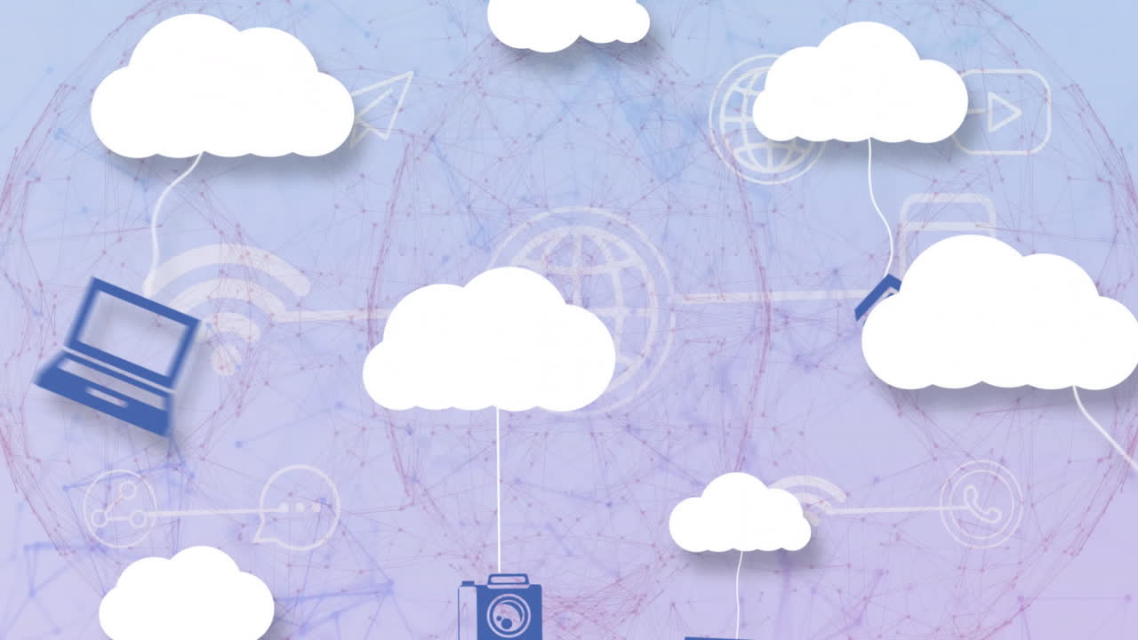 Cloud computing animation with digital icons connecting in technology concept