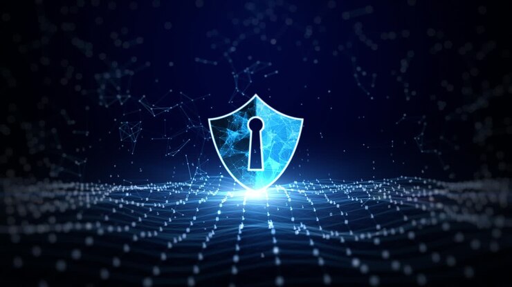 Shield Icon Cyber Security, Digital Data Network Protection, Future Technology Digital Data Network Connection Abstract Background Concept.
