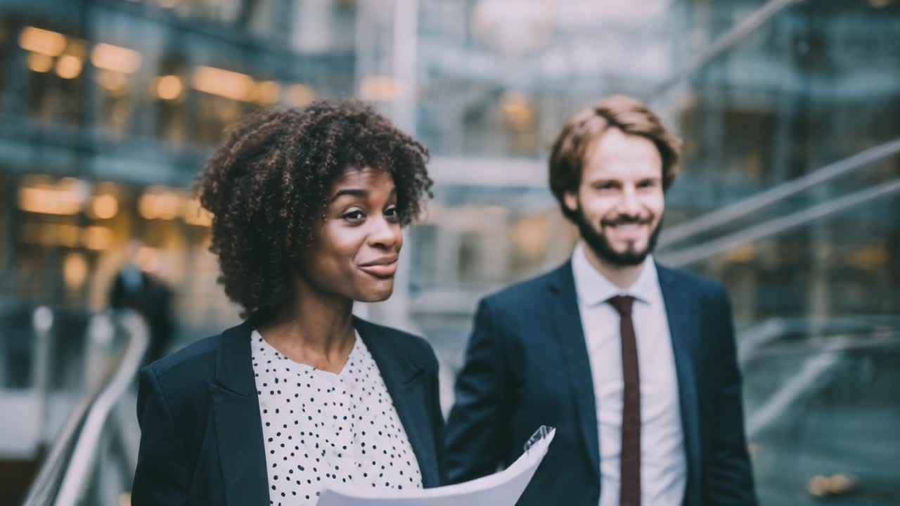 A Professional Encounter: Two Colleagues Exchanging Ideas and Smiles in a Modern Office Environment, Showcasing Collaboration and Team Spirit in Their Work Culture