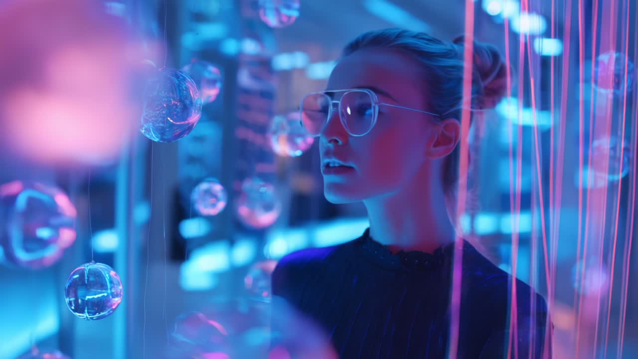Una giovane donna con eleganti occhiali da sole è in piedi tra bolle luminose e luci vivaci, creando un'atmosfera eterea mentre guarda pensierosa in un ambiente moderno e colorato.