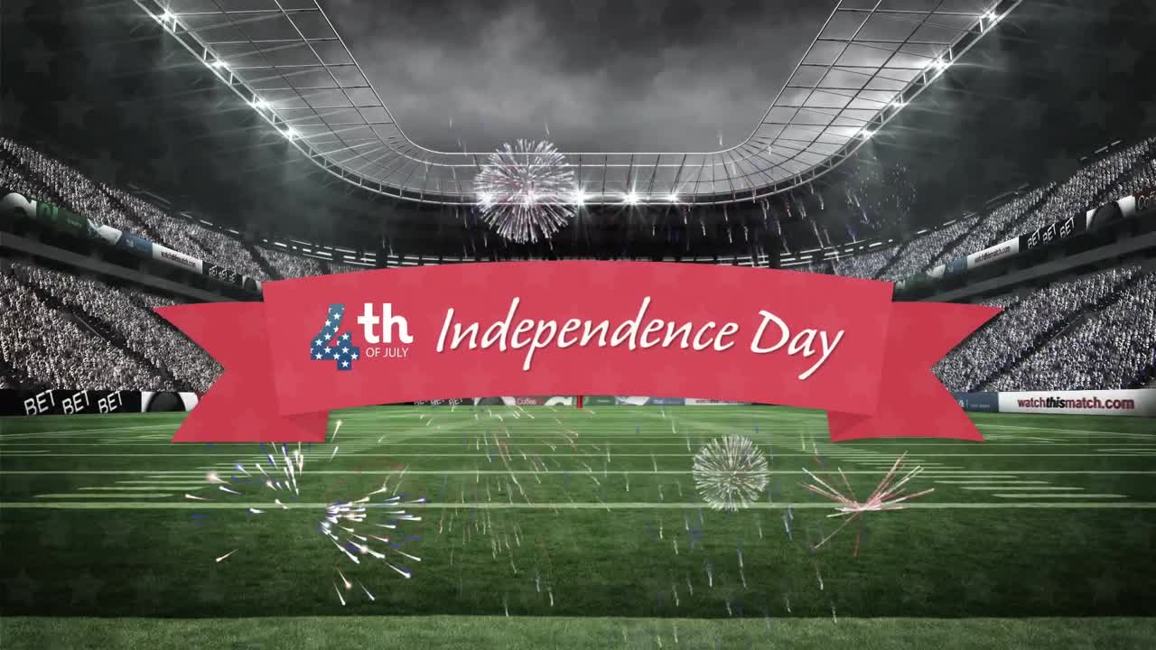 스포츠 경기장 위 에 있는 독립기념일 문자 의 애니메이션