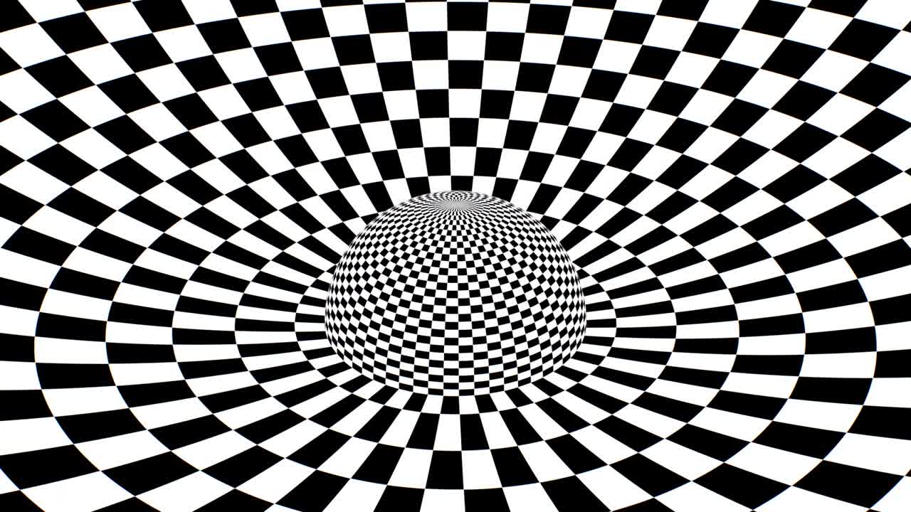 Trippy Checkerboard Black and White Tiles Spherical Optical Illusion - 4K Seamless VJ Loop Motion Background Animation