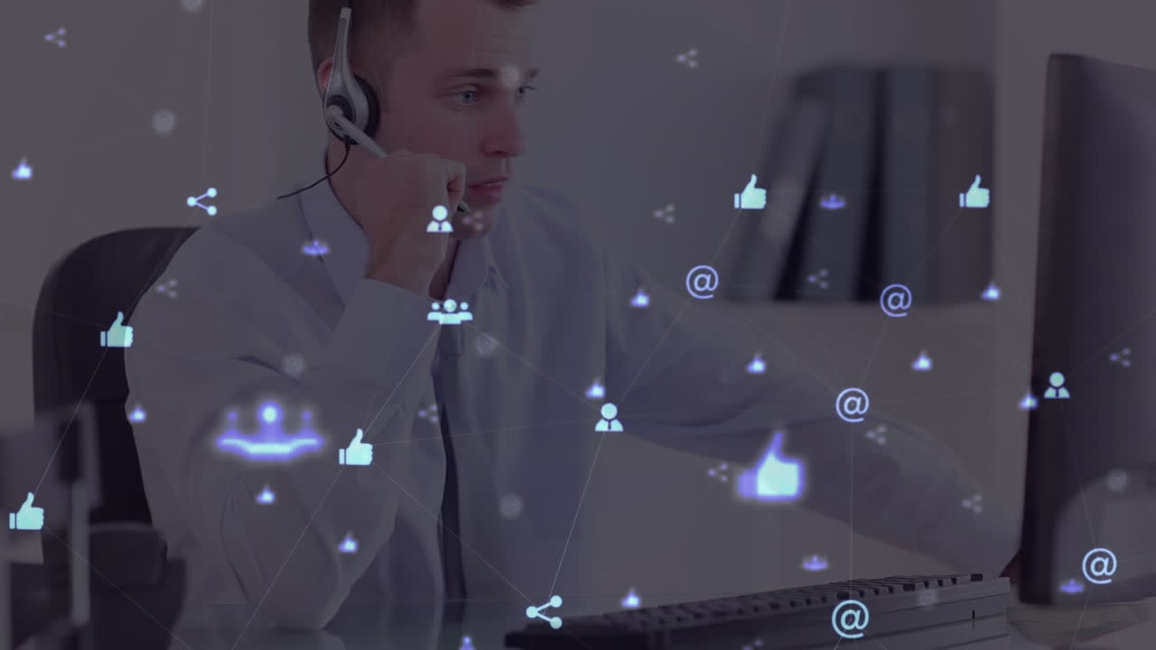 animación de la red de conexiones e iconos sobre un hombre de negocios con auriculares