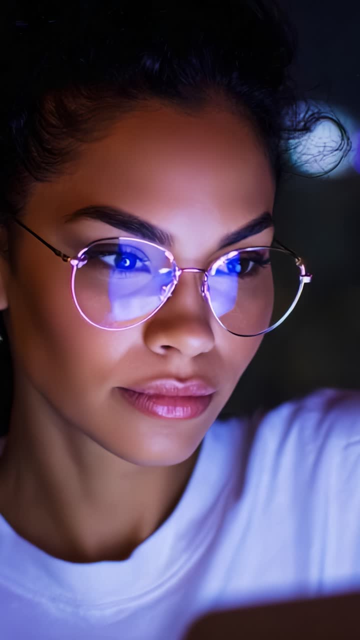 Una persona concentrata con gli occhiali illuminati dalla luce dello schermo, profondamente immersa nella concentrazione, che cattura l'essenza della tecnologia moderna e dell'interazione digitale
