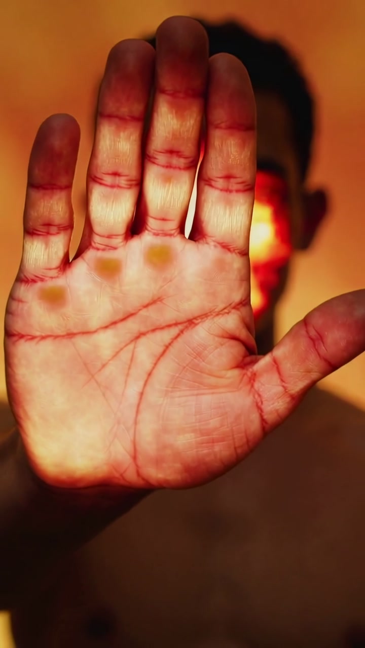 Vertical video: Reacting to flame, shirtless man holding right palm to lens in studio, showing glow