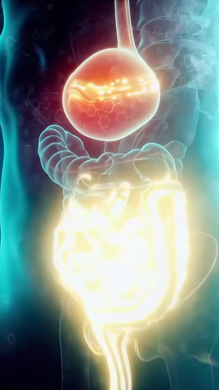 Animated Human Digestive System with Glowing Digestion Process