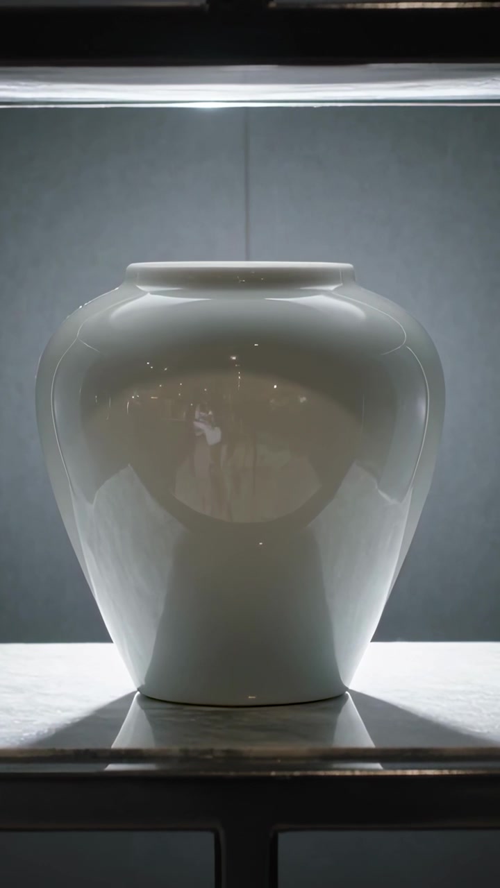 Video verticale: Telecamera panoramica che si concentra su un vaso bianco su un piedistallo, mostrando forma e riflessi.