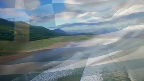 Digital-composition-of-waving-greece-flag-against-aerial-view-of-the-beach-and-sea-waves