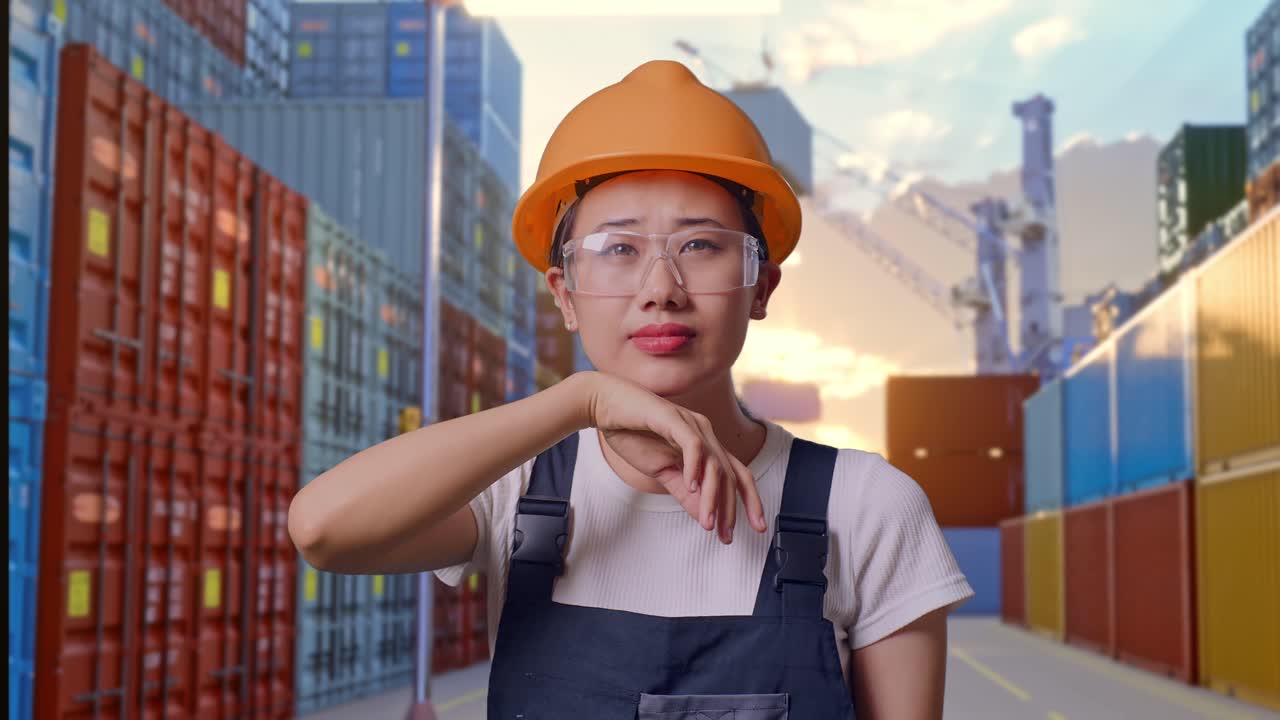 Close Up Of Asian Woman Worker Wearing Goggles And Safety Helmet Wiping The Sweat And Being Tired While Standing At Container Yard Warehouse