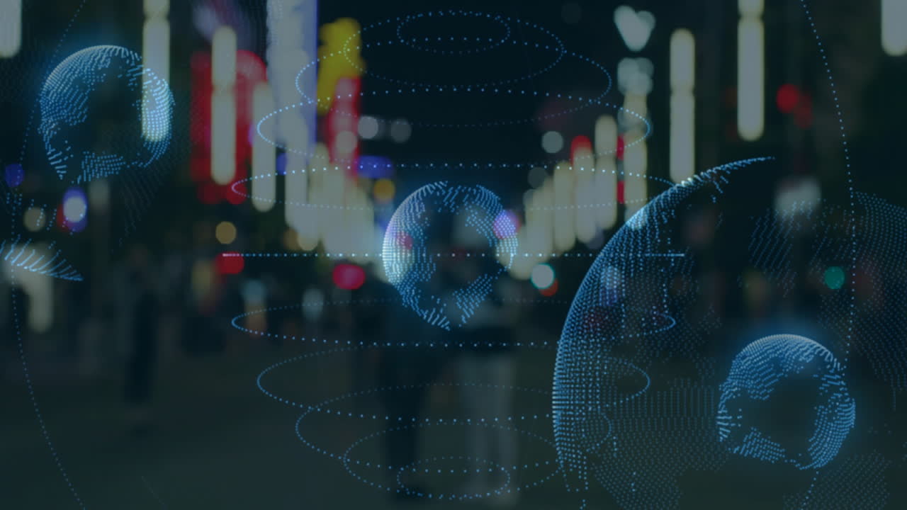 Animation of digital globe with data visualization over city street at night