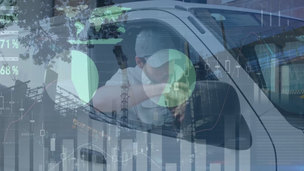 통계 데이터 처리와 배달 남자와 워키 토키에서 이야기하고 그의 밴에 앉아