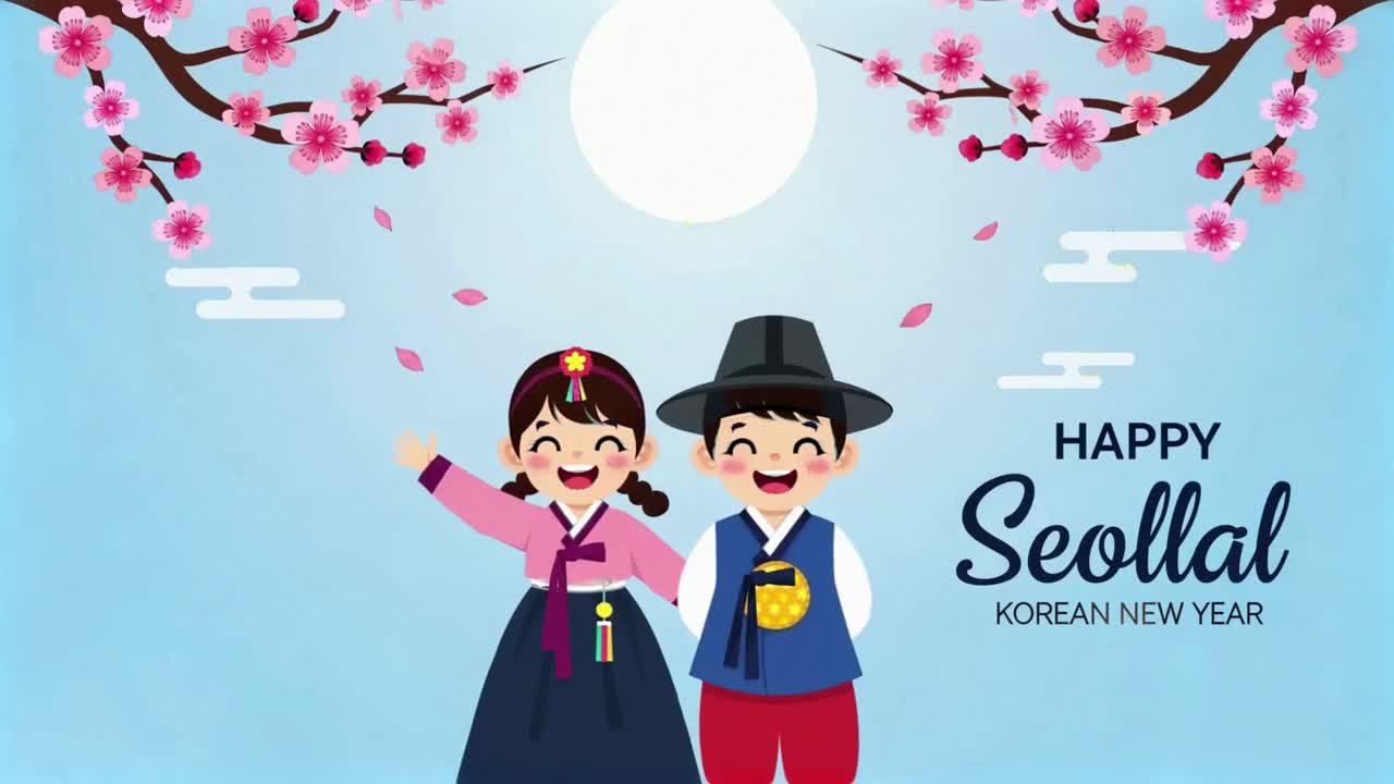 Happy Seollal Korean New Year greeting with children in traditional hanbok clothing