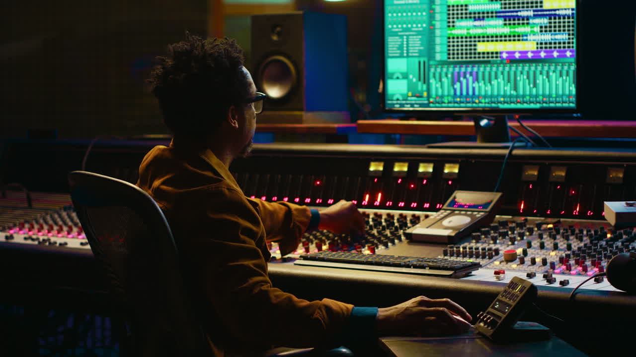 Tracking engineer processing and mixing sounds in control room