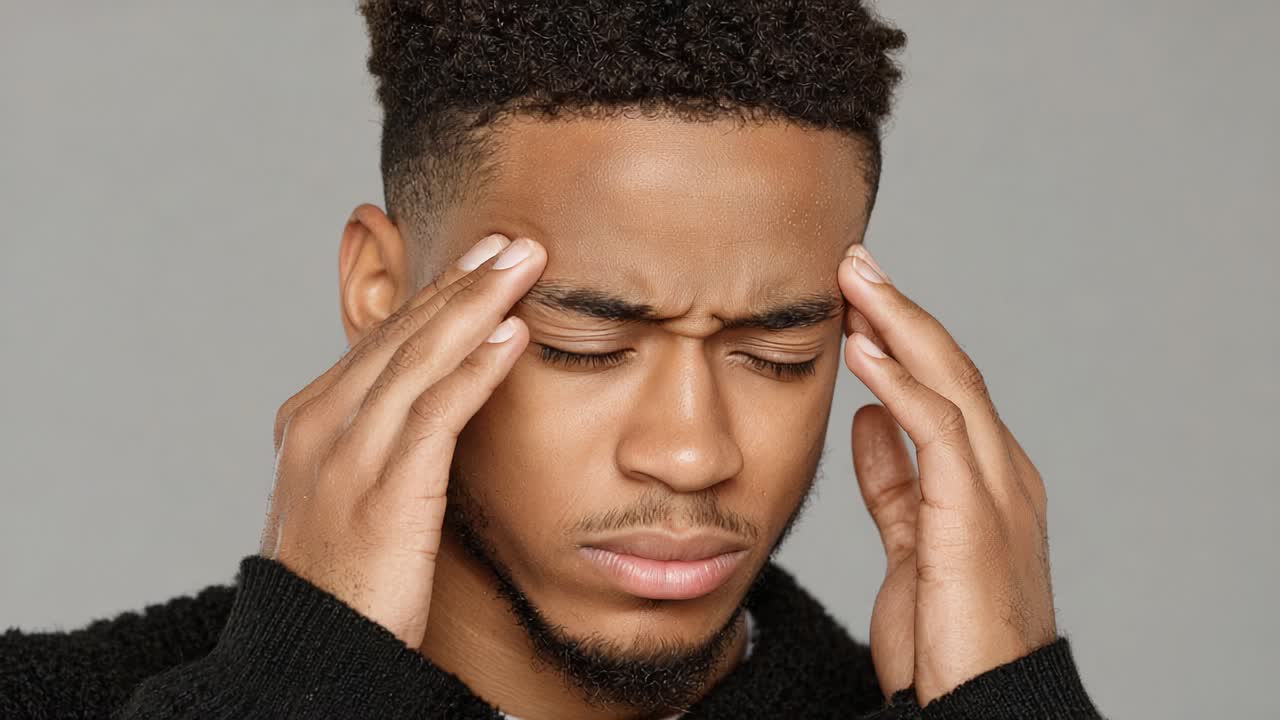 Young man expressing discomfort with his hands on his temples, portraying a moment of stress or headache in a neutral setting, highlighting emotional struggle and physical discomfort