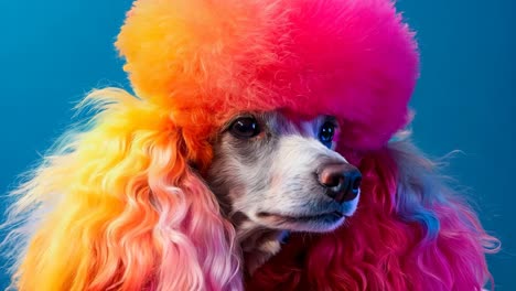 un perro con una peluca colorida en la cabeza