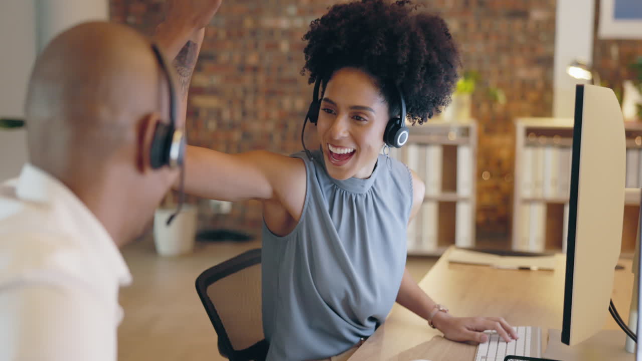 Call center, success and high five of team