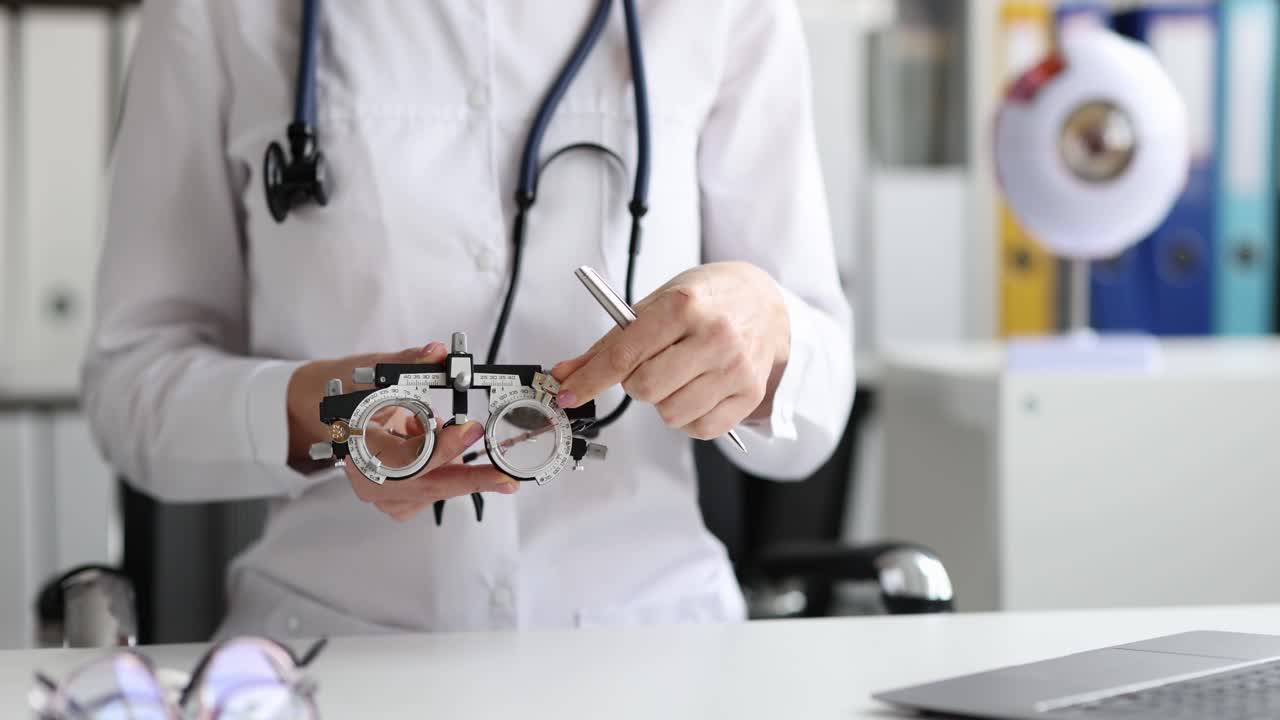 Optometrist or ophthalmologist holding a phoropter for an eye exam
