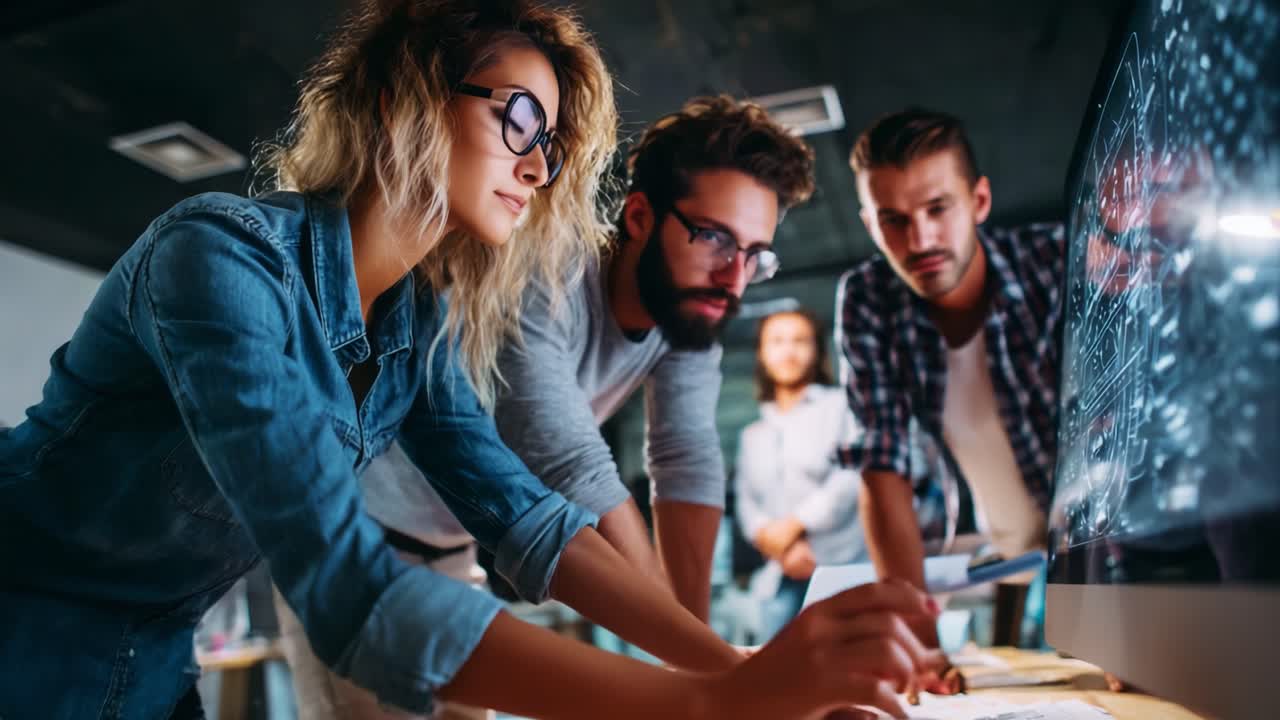 Collaborative Team of Professionals Analyzing Data on a Computer Screen in a Contemporary Workspace, Engaging in Innovative Problem-Solving and Creative Discussions