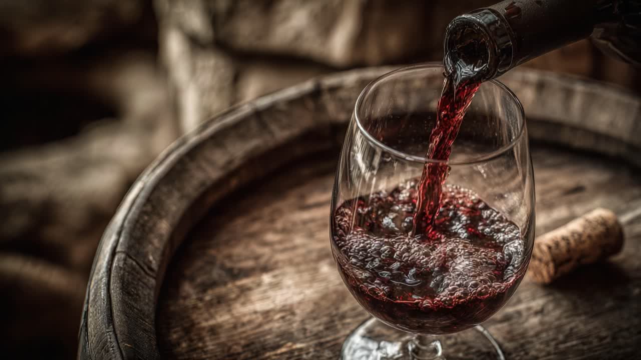 Momentos cativantes de vinho tinto sendo servido em uma taça, mostrando cores e texturas ricas em um ambiente rústico com barril de madeira
