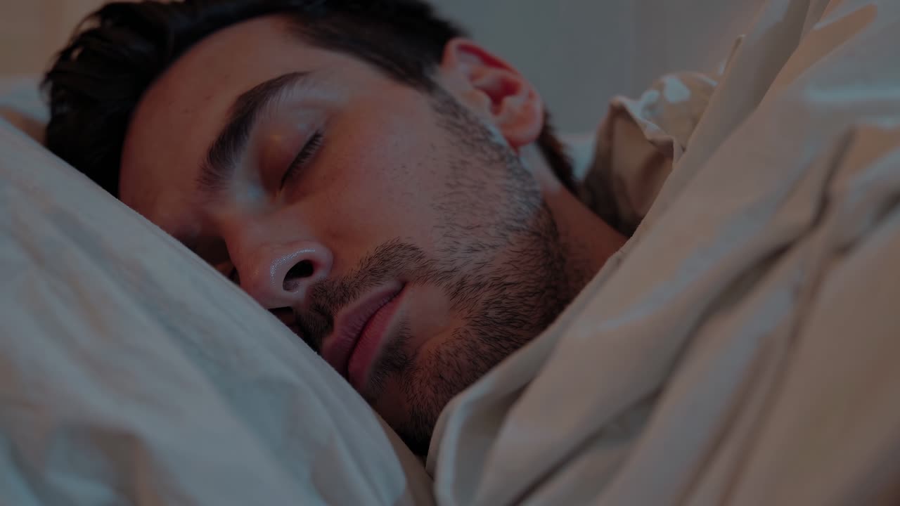 Close-up video still of a man sleeping peacefully in bed, with soft lighting and a cozy atmosphere