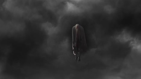 animation of scary halloween ghost over grey clouds in sky