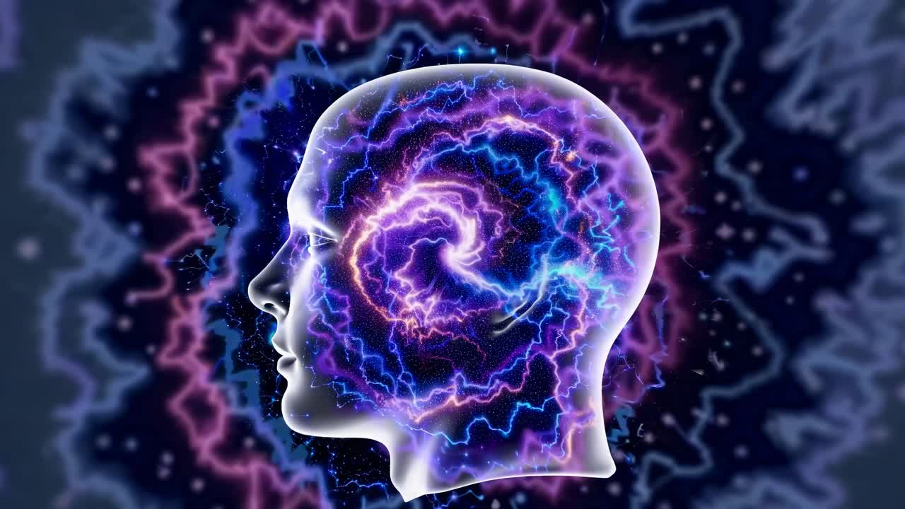 Abstract video concept of a human head silhouette with swirling neon lights, captured from a side