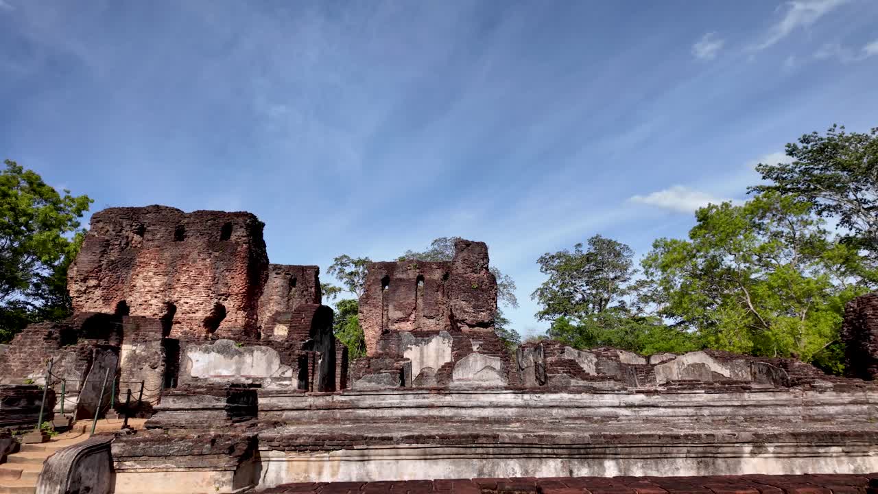 Ruins of the historic Royal Palace of King Maha Parakramabahu in Polonnaruwa, Sri Lanka. Pan Right Shot