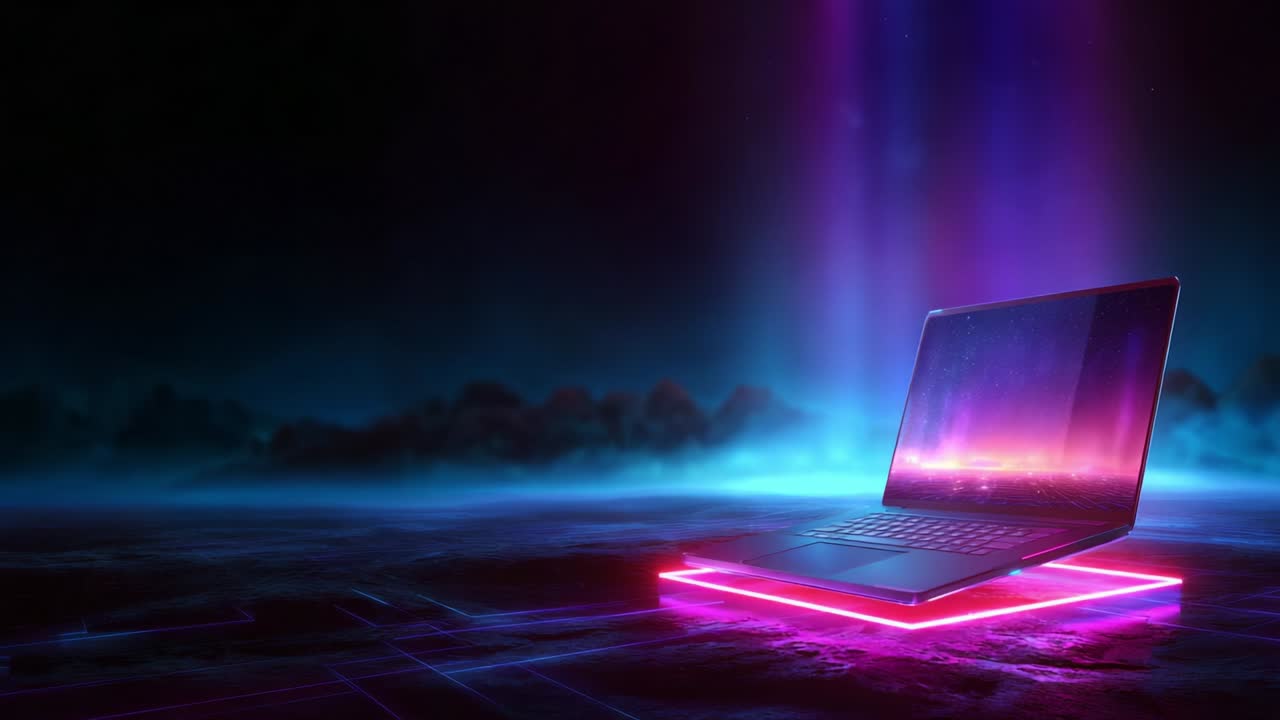 A captivating digital scene showcasing a sleek, illuminated laptop against a futuristic backdrop, blending vibrant neon colors and ethereal lighting to create a visually stunning atmosphere of technology and creativity
