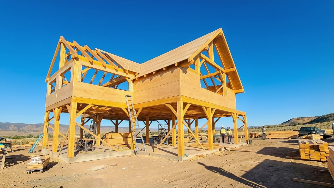 Wooden skeleton of a house under construction in a bright outdoor desert setting with a blue sky