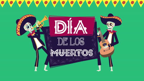 dia de los muertos animation with skulls mariachis characters