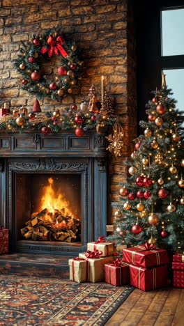 cozy christmas living room with decorated fireplace and tree