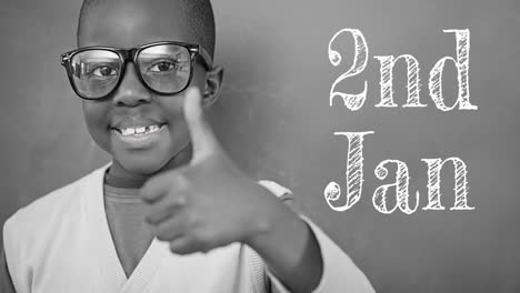 animación del 2 de enero texto sobre feliz escolar afroamericano en fondo gris