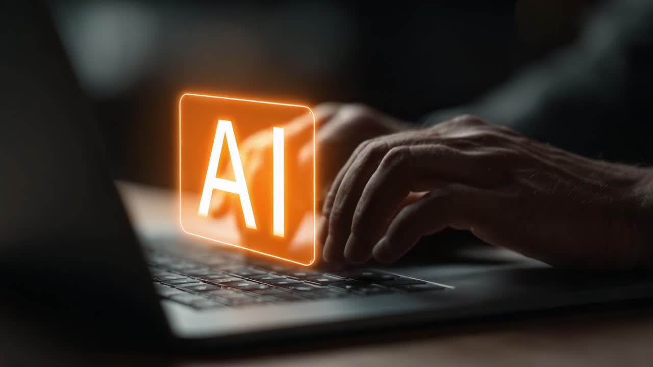 Exploring the Future of Technology: A Close-Up on Hands Typing on a Laptop with Illuminated AI Graphics Representing Advanced Artificial Intelligence Concepts