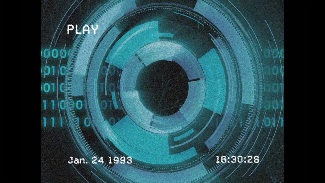 Animation of futuristic digital interface with binary code and circular design