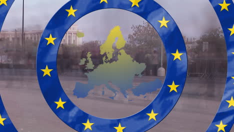 animation of flag of european union over map of europe and landscape