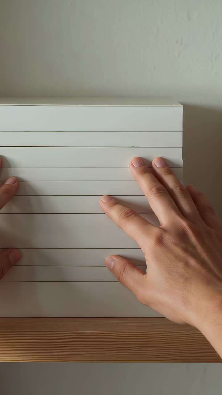 Video verticale: Mani nude che si muovono da una posizione di riposo, spingendo leggermente scatole bianche su uno scaffale per l'allineamento.