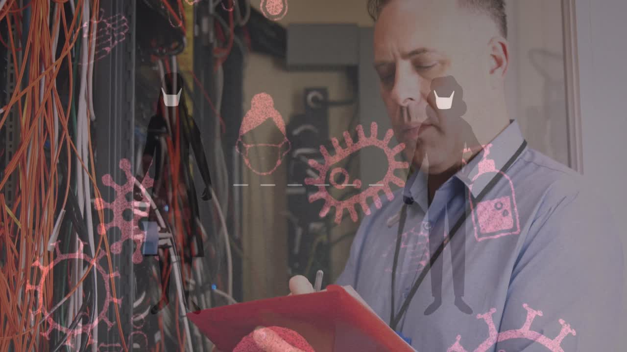 animación de células de virus e iconos sobre el hombre caucásico comprobando los cables del servidor