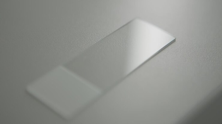 Glass microscope slide on a smooth surface under soft lighting in a close-up shot