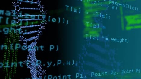 Animation of 3d dna strand spinning and scientific data processing on blue background