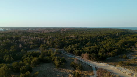 Dense-Forest-With-Lighthouse-In-Hel-Peninsula-Offshore-In-Baltic-Sea,-Poland